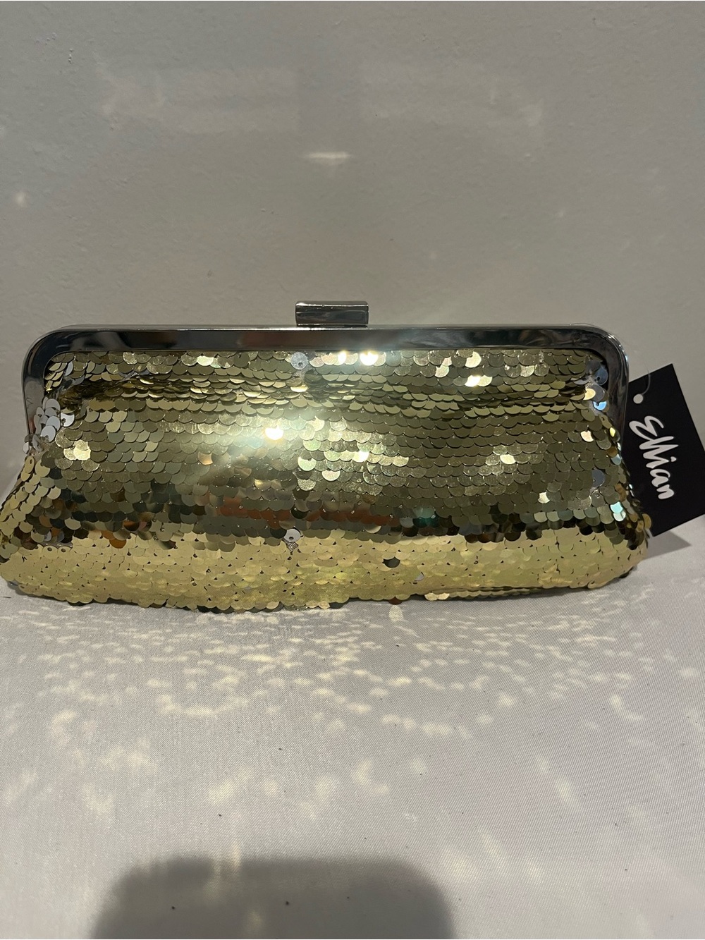 Gold Sequin Evening Clutch with Silver Frame